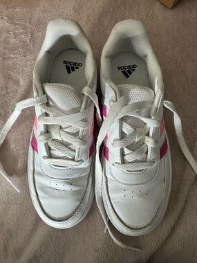 adidas Kids White Sneakers with Pink Accents
